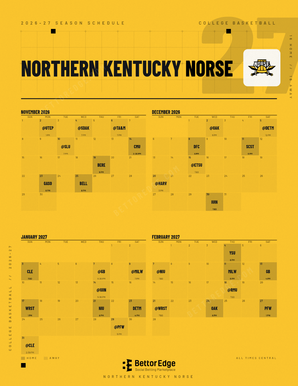 Northern Kentucky Norse 2026-27 basketball schedule, free printable, every game with start times and TV