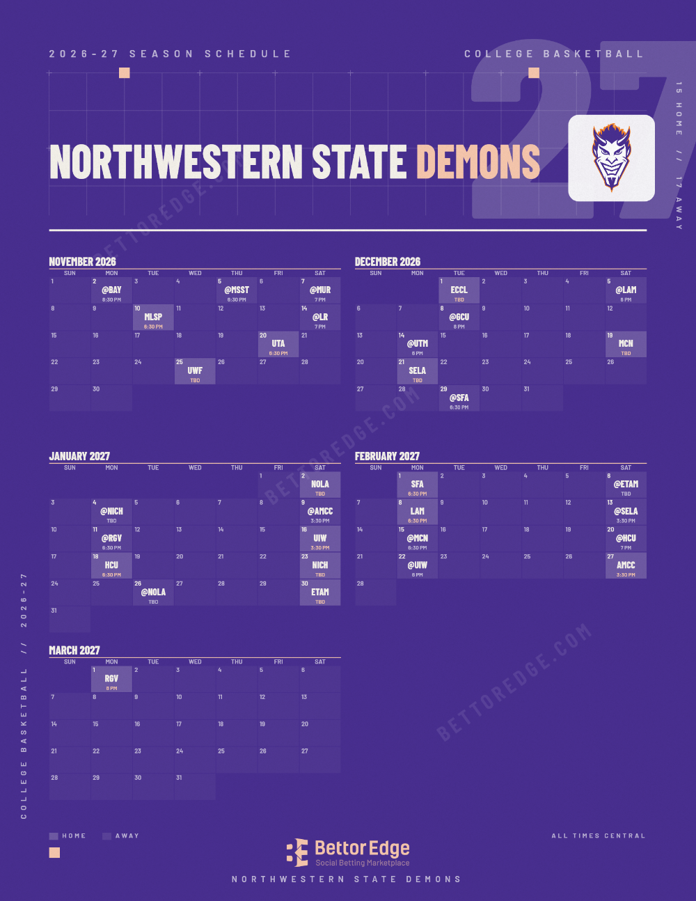 Northwestern State Demons 2026-27 basketball schedule, free printable, every game with start times and TV