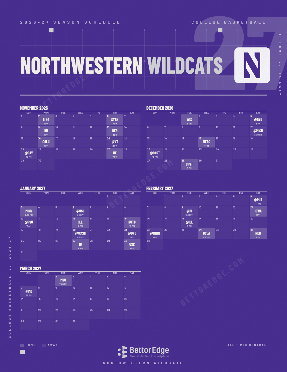 Northwestern Wildcats 2026-27 basketball schedule, free printable, every game with start times and TV
