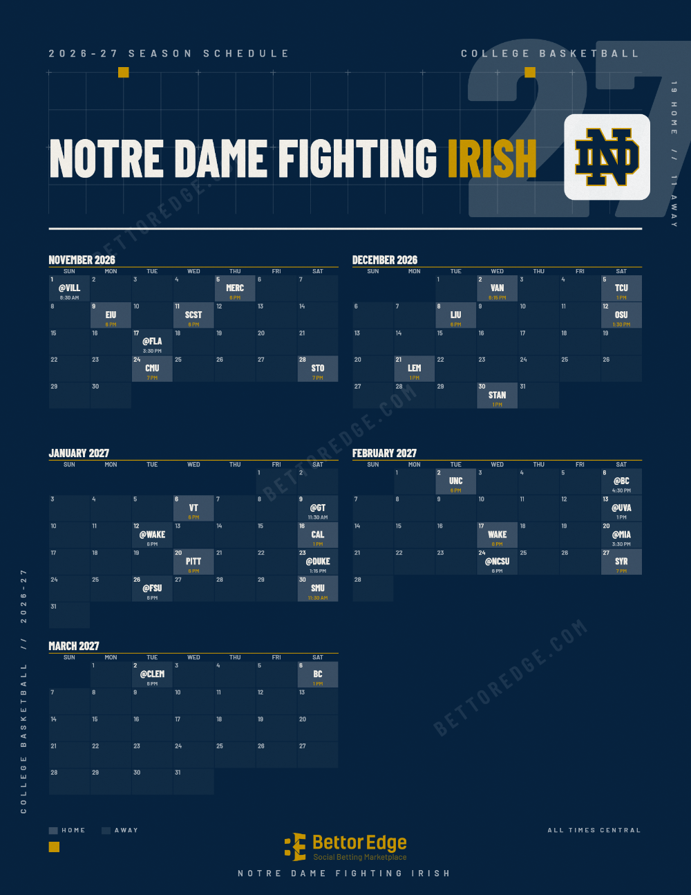 Notre Dame Fighting Irish 2026-27 basketball schedule, free printable, every game with start times and TV