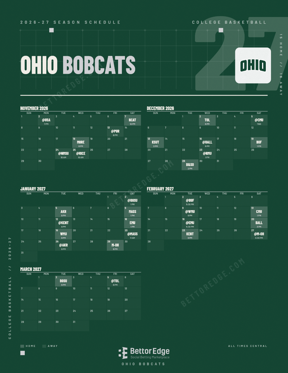 Ohio Bobcats 2026-27 basketball schedule, free printable, every game with start times and TV