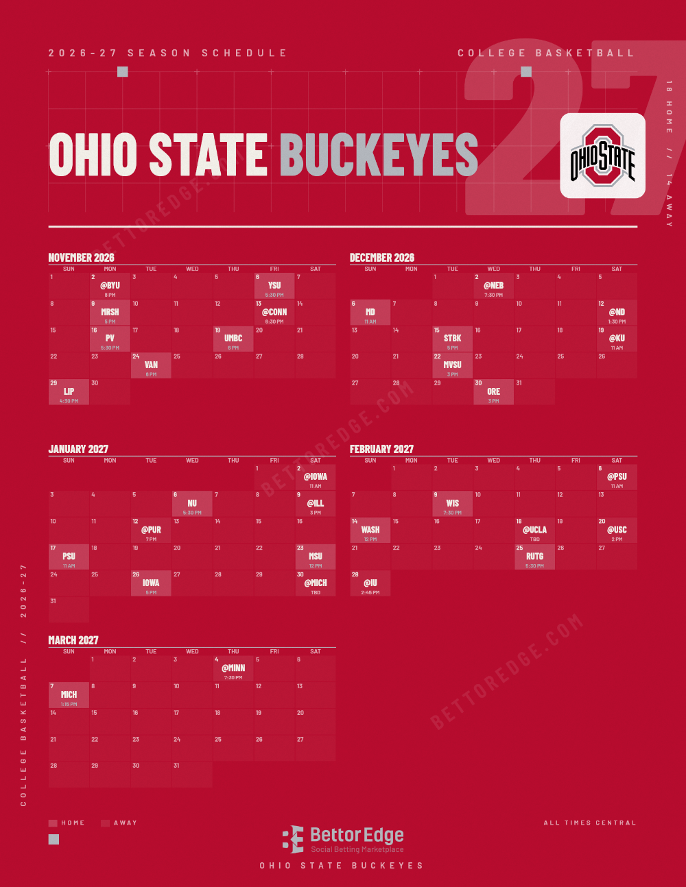 Ohio State Buckeyes 2026-27 basketball schedule, free printable, every game with start times and TV