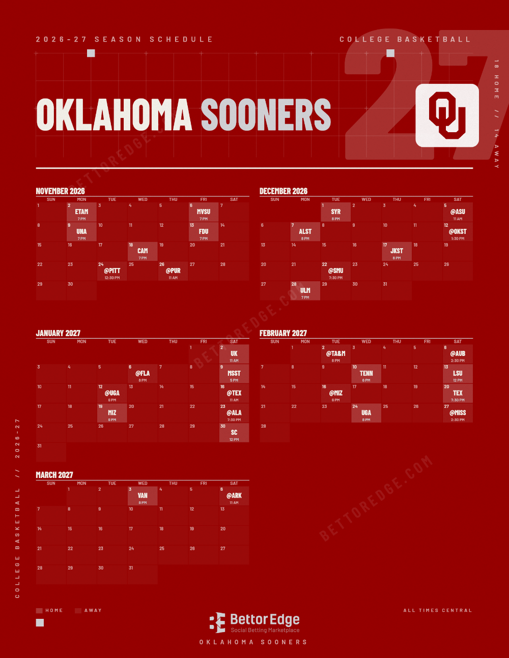 Oklahoma Sooners 2026-27 basketball schedule, free printable, every game with start times and TV