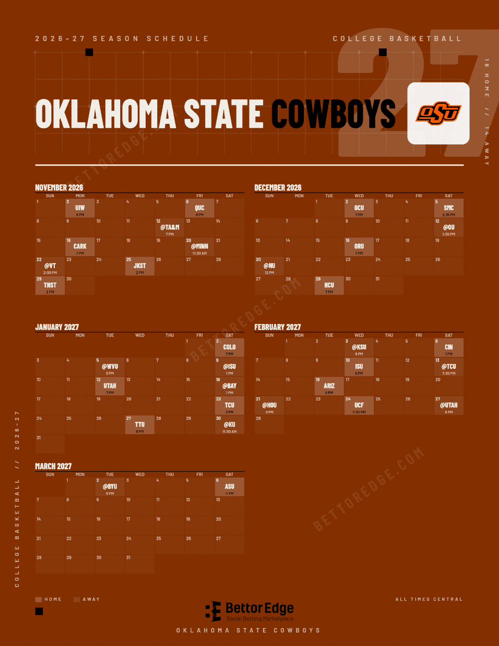 Oklahoma State Cowboys 2026-27 basketball schedule, free printable, every game with start times and TV