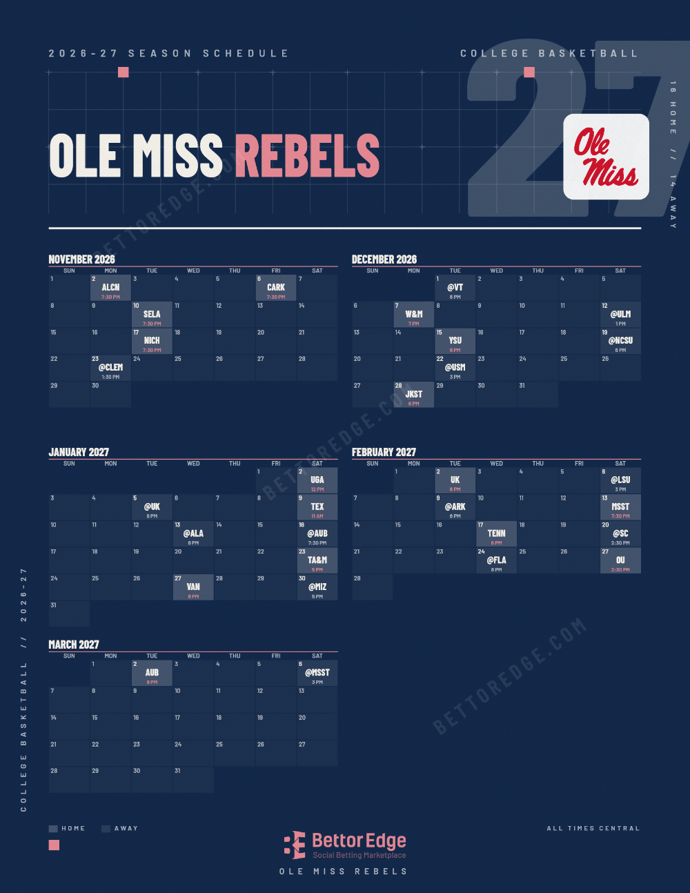 Ole Miss Rebels 2026-27 basketball schedule, free printable, every game with start times and TV