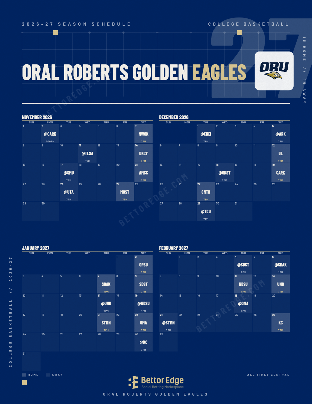 Oral Roberts Golden Eagles 2026-27 basketball schedule, free printable, every game with start times and TV
