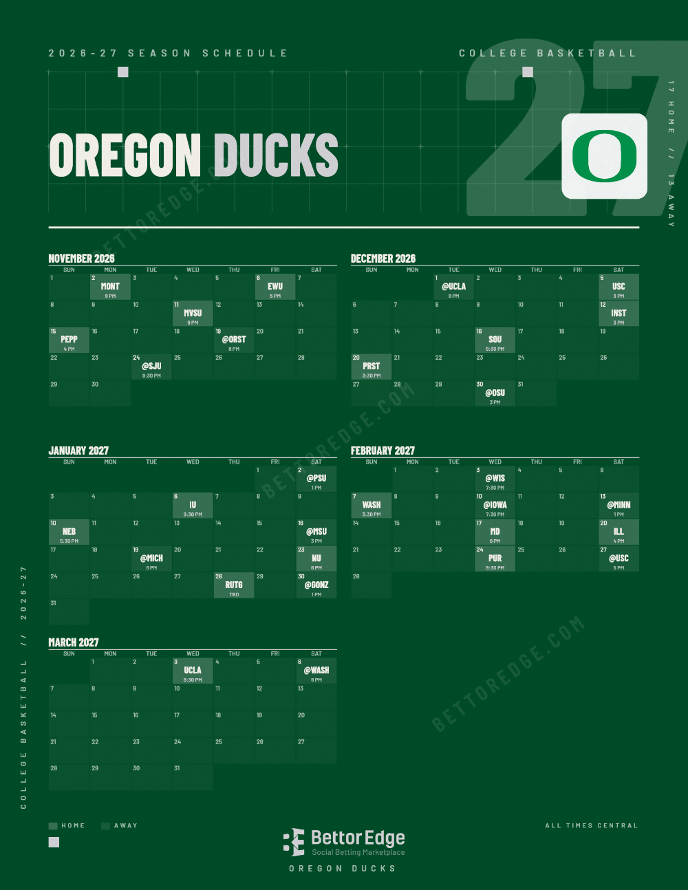 Oregon Ducks 2026-27 basketball schedule, free printable, every game with start times and TV