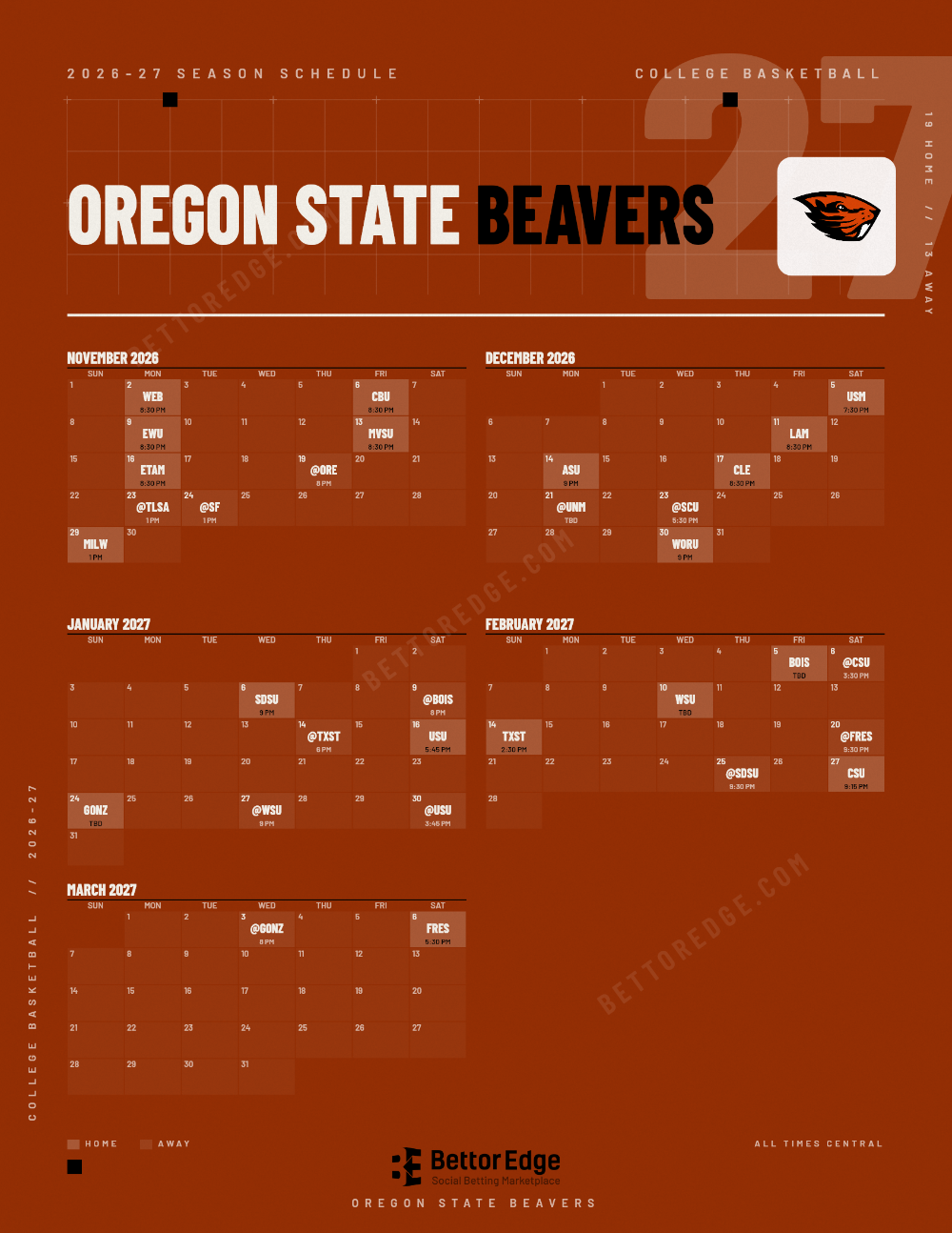 Oregon State Beavers 2026-27 basketball schedule, free printable, every game with start times and TV