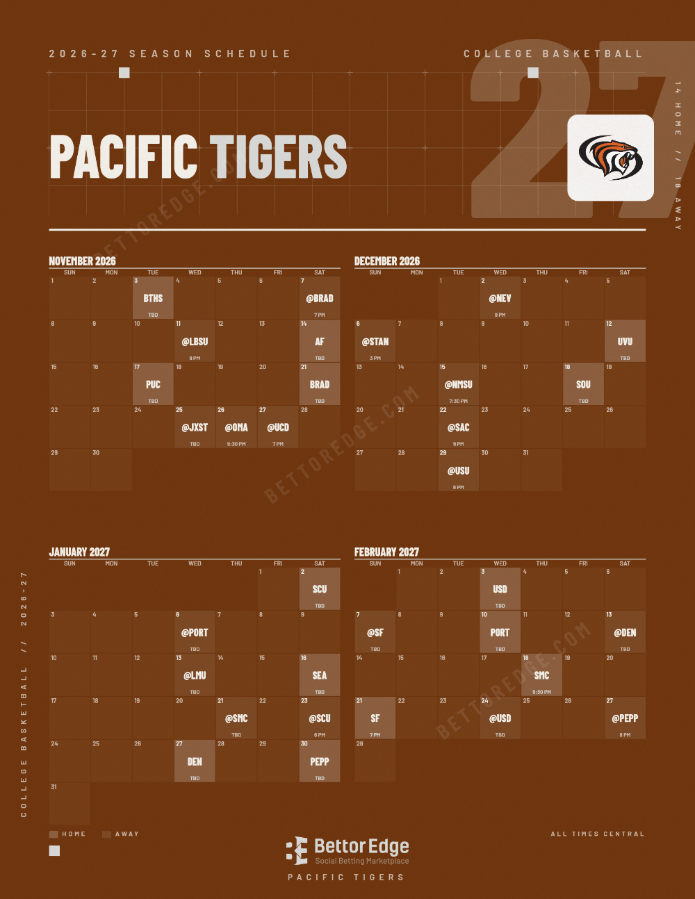 Pacific Tigers 2026-27 basketball schedule, free printable, every game with start times and TV