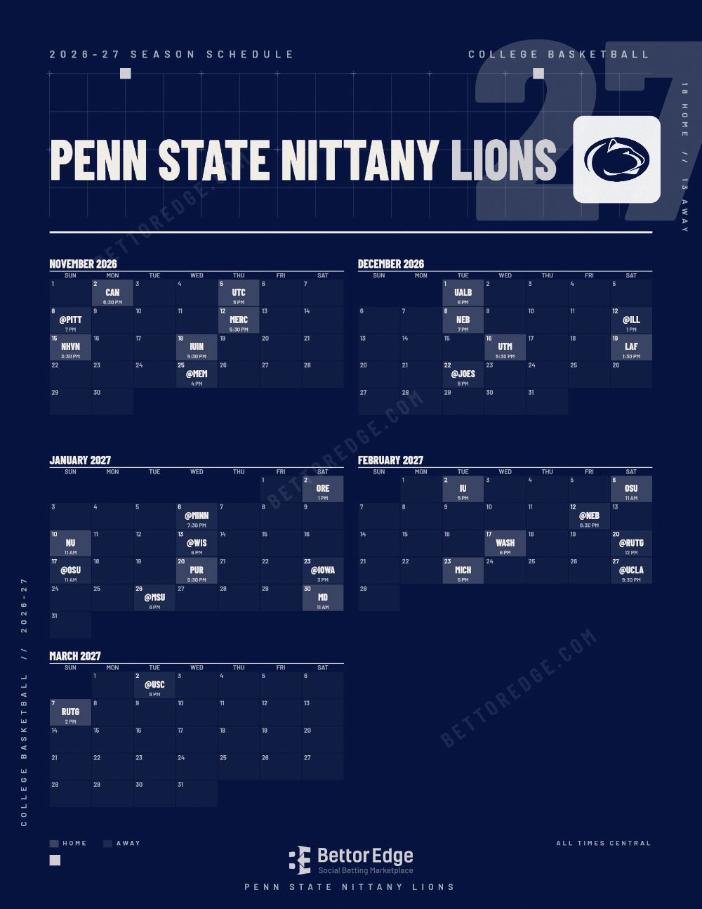 Penn State Nittany Lions 2026-27 basketball schedule, free printable, every game with start times and TV