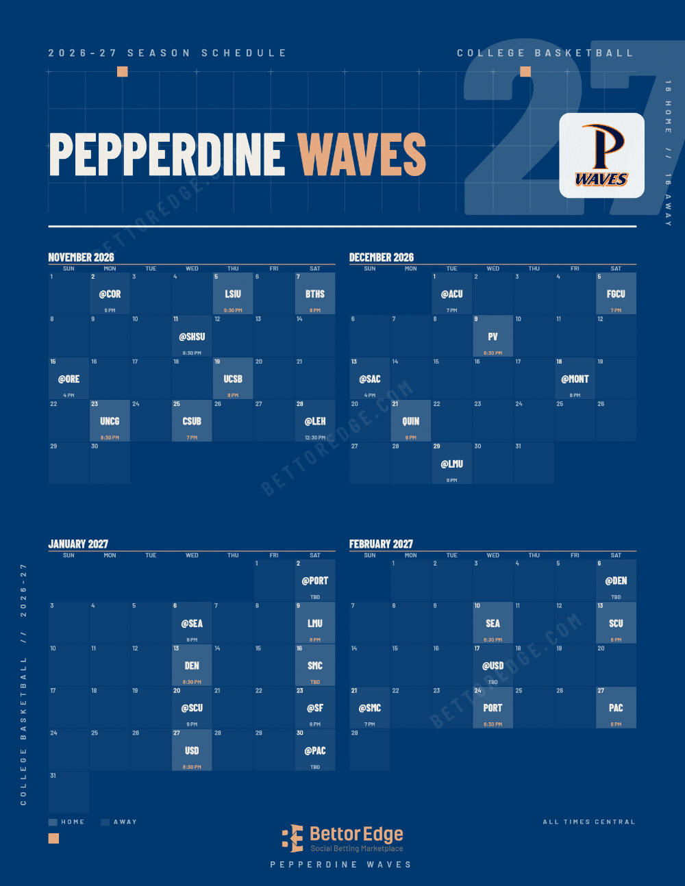 Pepperdine Waves 2026-27 basketball schedule, free printable, every game with start times and TV