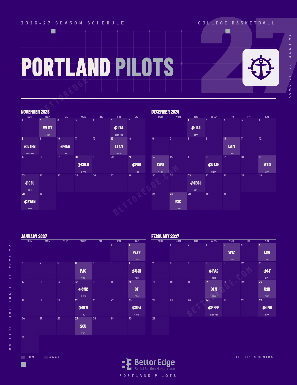 Portland Pilots 2026-27 basketball schedule, free printable, every game with start times and TV