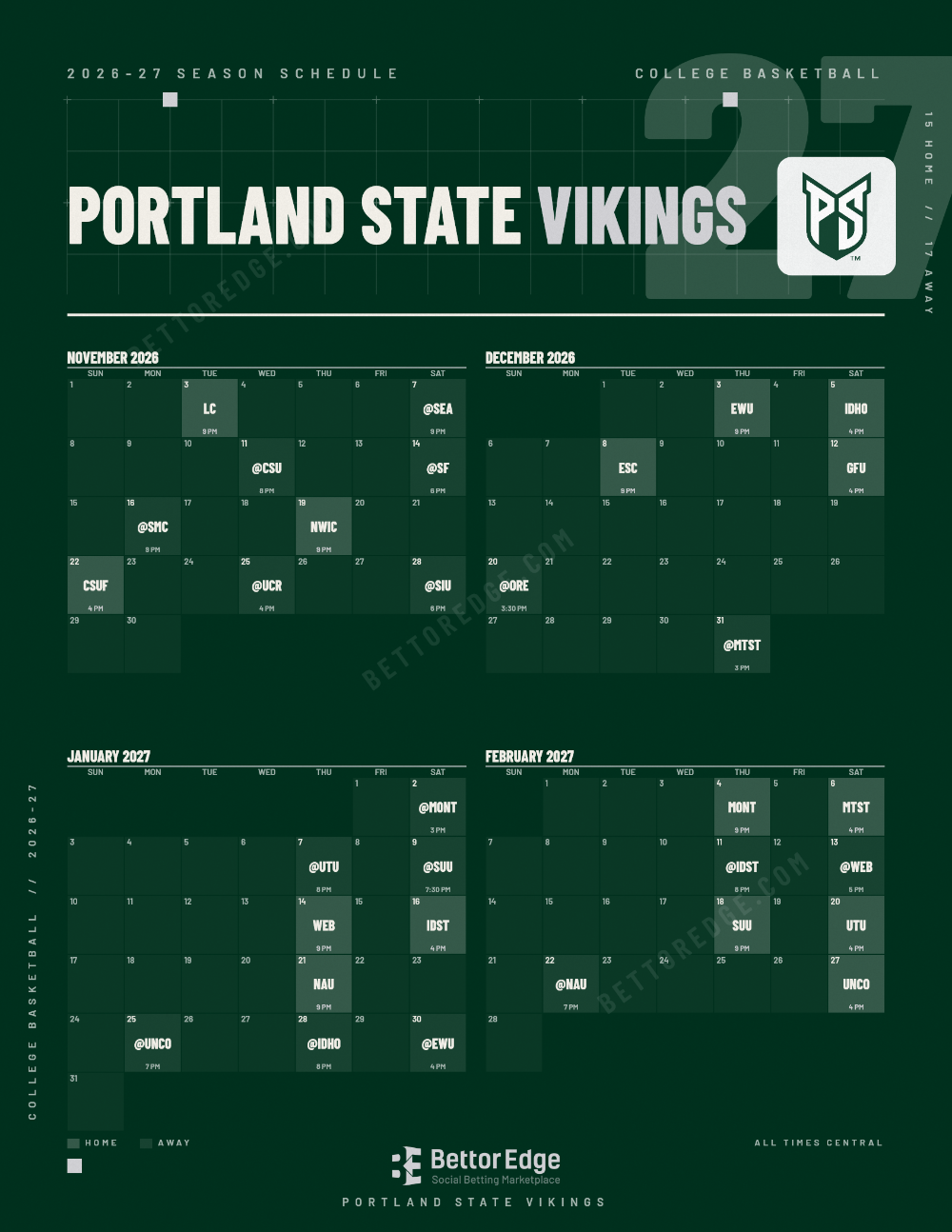 Portland State Vikings 2026-27 basketball schedule, free printable, every game with start times and TV