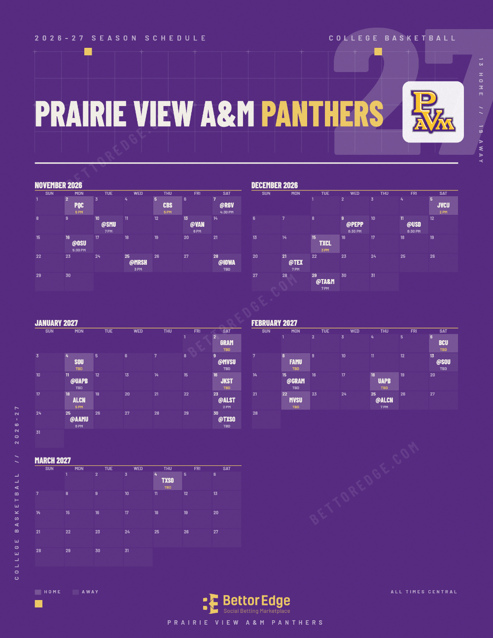 Prairie View A&M Panthers 2026-27 basketball schedule, free printable, every game with start times and TV