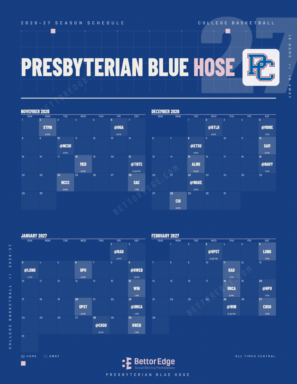 Presbyterian Blue Hose 2026-27 basketball schedule, free printable, every game with start times and TV