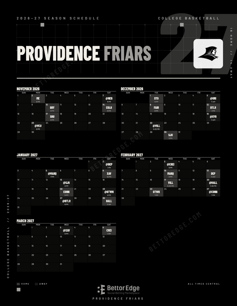 Providence Friars 2026-27 basketball schedule, free printable, every game with start times and TV