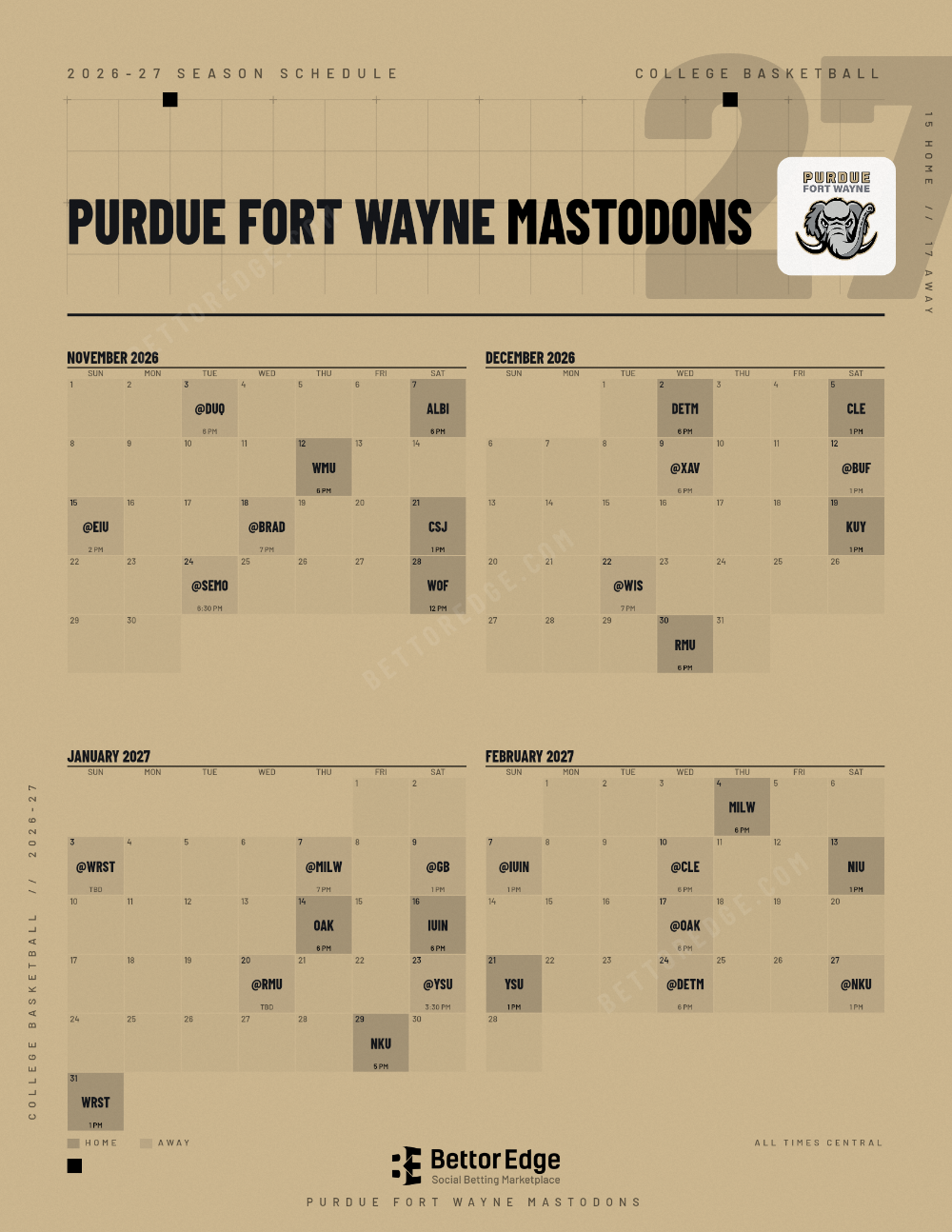 Purdue Fort Wayne Mastodons 2026-27 basketball schedule, free printable, every game with start times and TV
