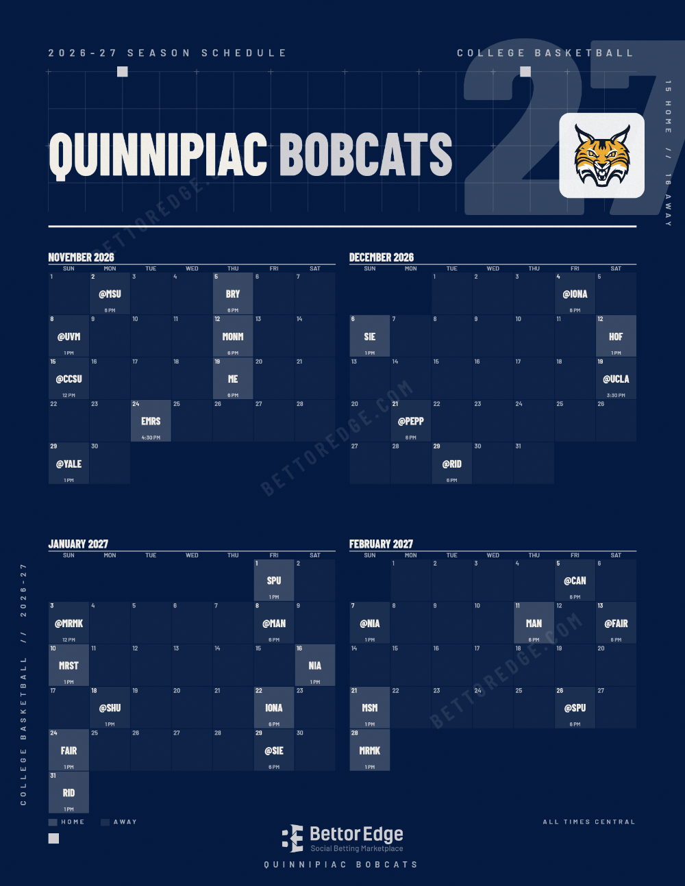 Quinnipiac Bobcats 2026-27 basketball schedule, free printable, every game with start times and TV