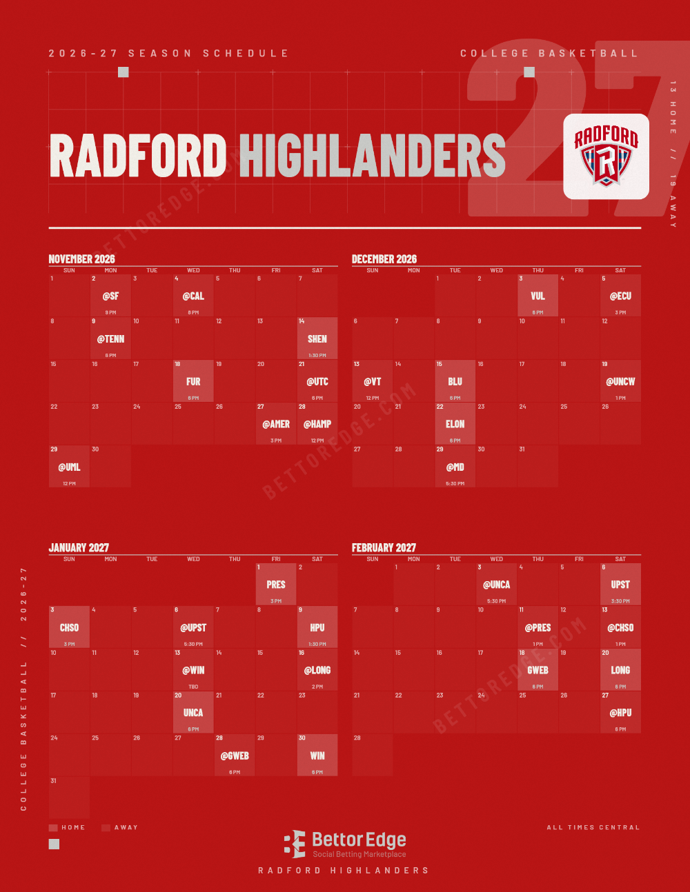 Radford Highlanders 2026-27 basketball schedule, free printable, every game with start times and TV