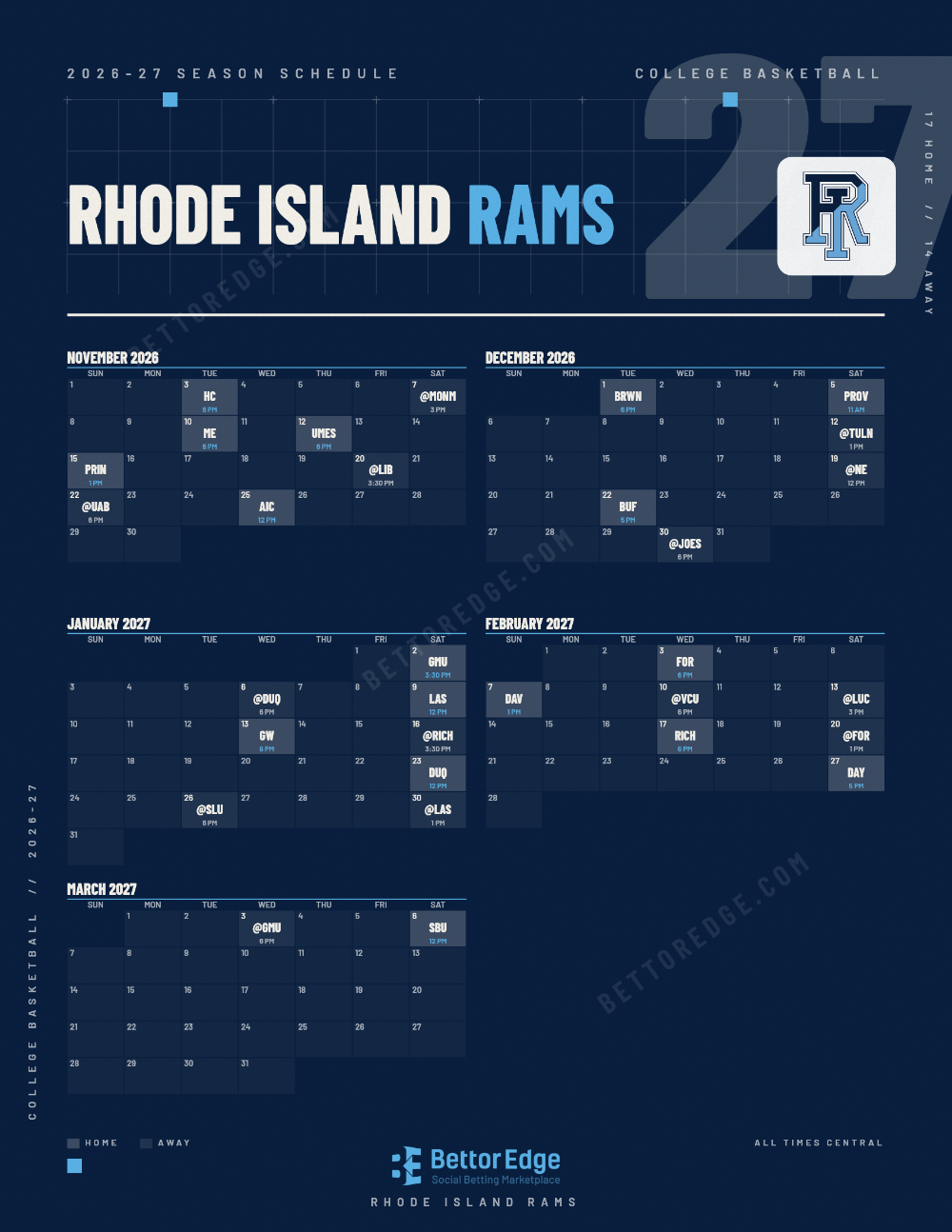 Rhode Island Rams 2026-27 basketball schedule, free printable, every game with start times and TV