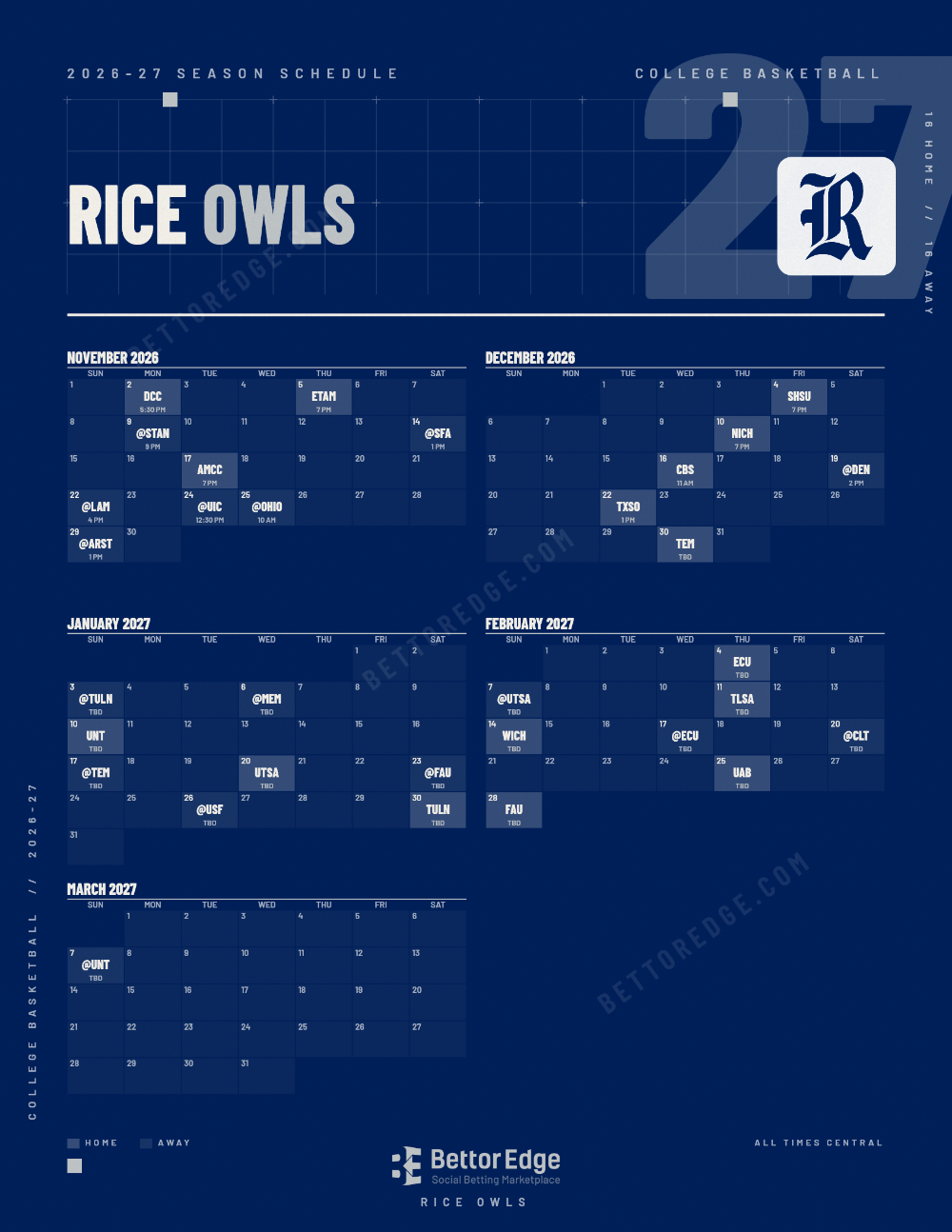 Rice Owls 2026-27 basketball schedule, free printable, every game with start times and TV