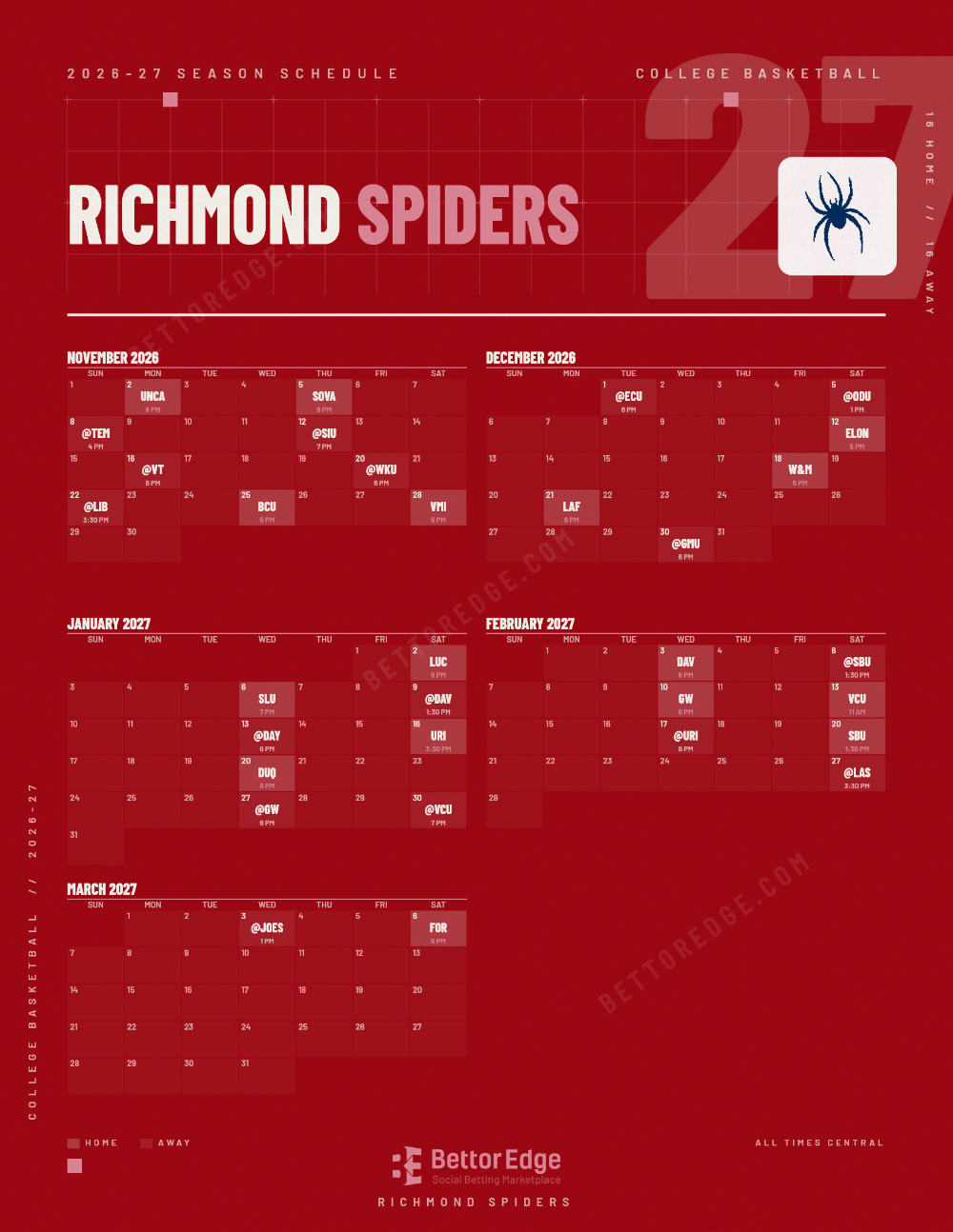 Richmond Spiders 2026-27 basketball schedule, free printable, every game with start times and TV