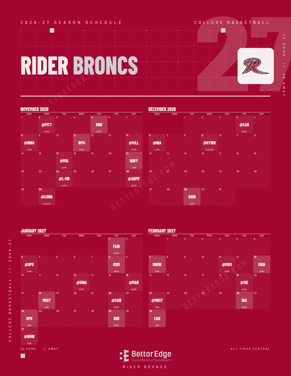 Rider Broncs 2026-27 basketball schedule, free printable, every game with start times and TV