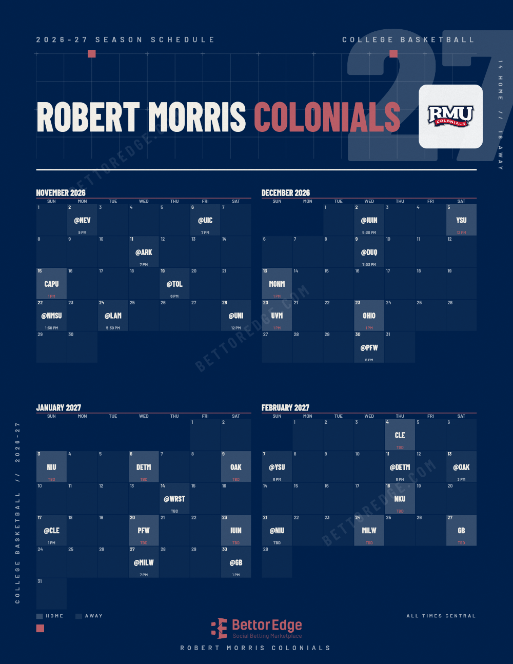 Robert Morris Colonials 2026-27 basketball schedule, free printable, every game with start times and TV