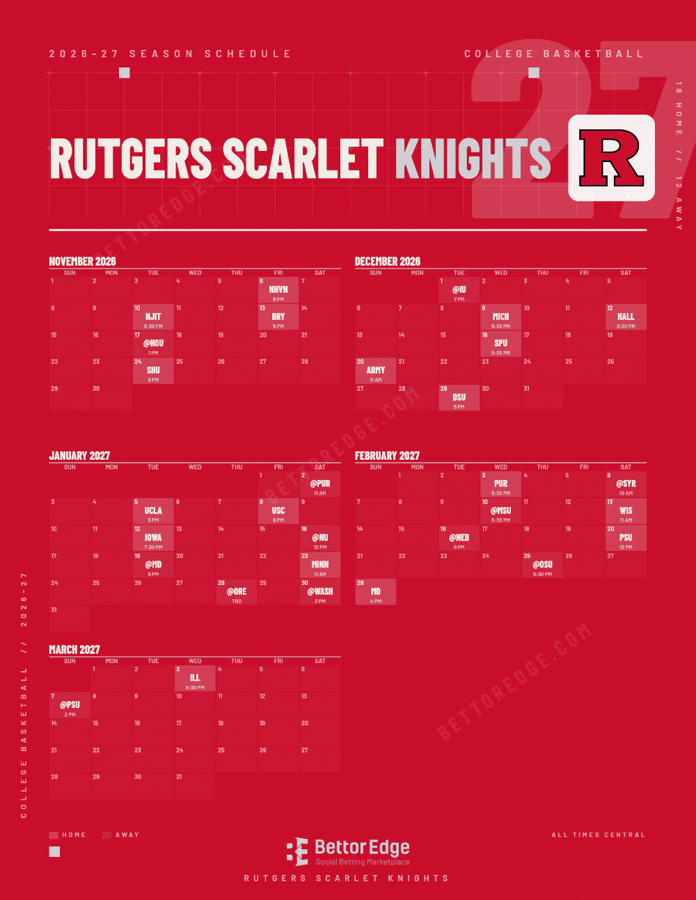 Rutgers Scarlet Knights 2026-27 basketball schedule, free printable, every game with start times and TV