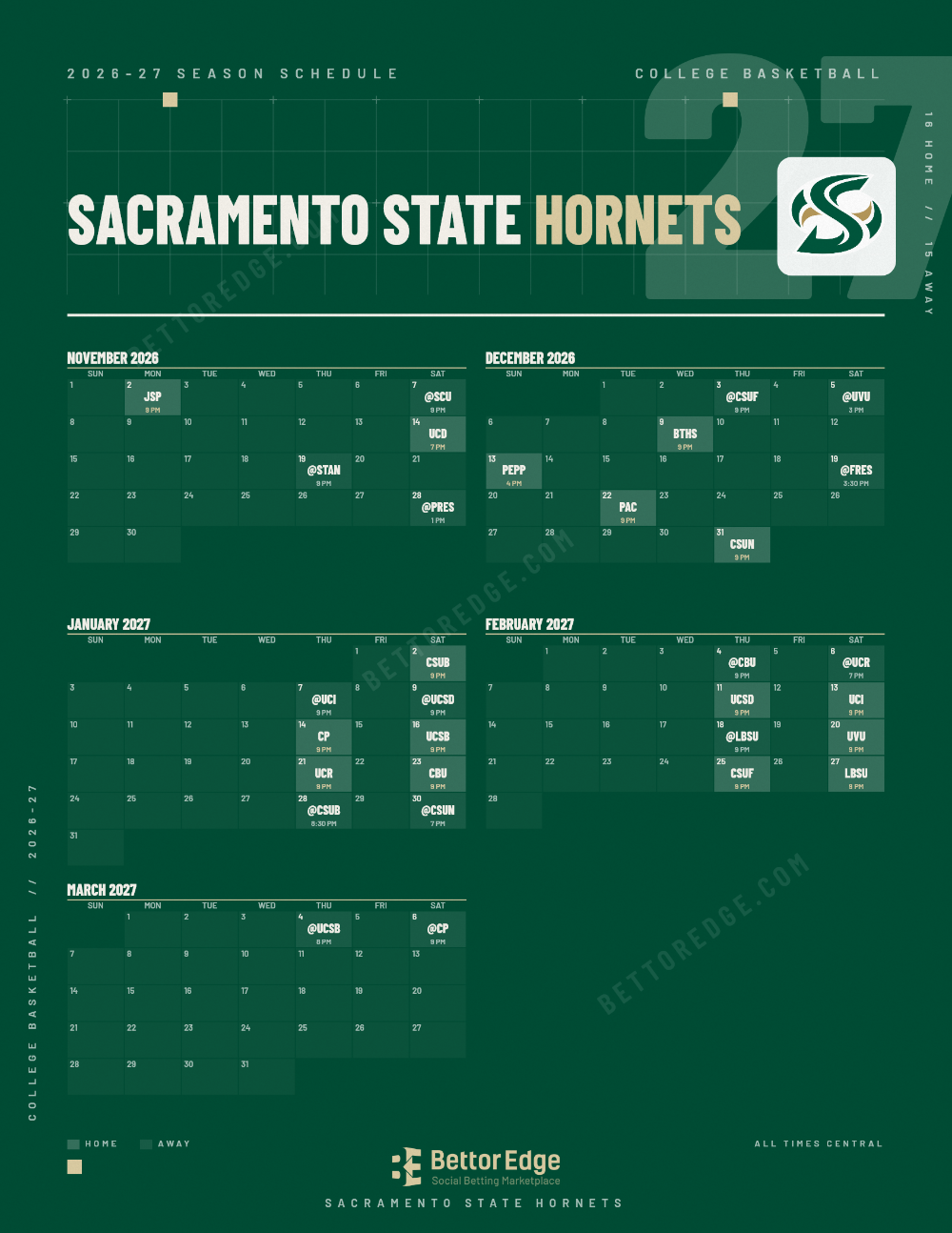 Sacramento State Hornets 2026-27 basketball schedule, free printable, every game with start times and TV