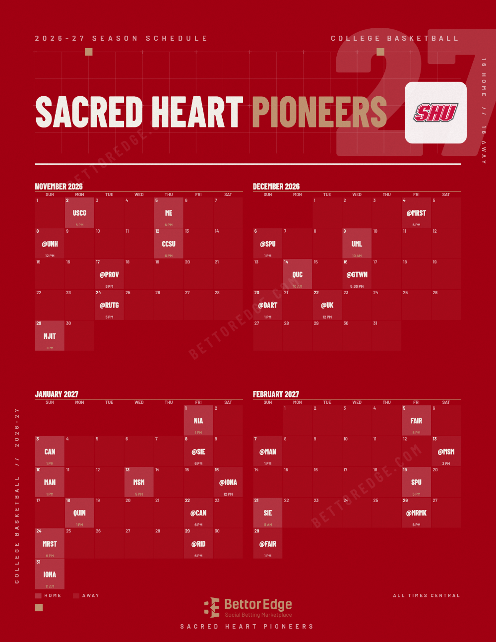 Sacred Heart Pioneers 2026-27 basketball schedule, free printable, every game with start times and TV