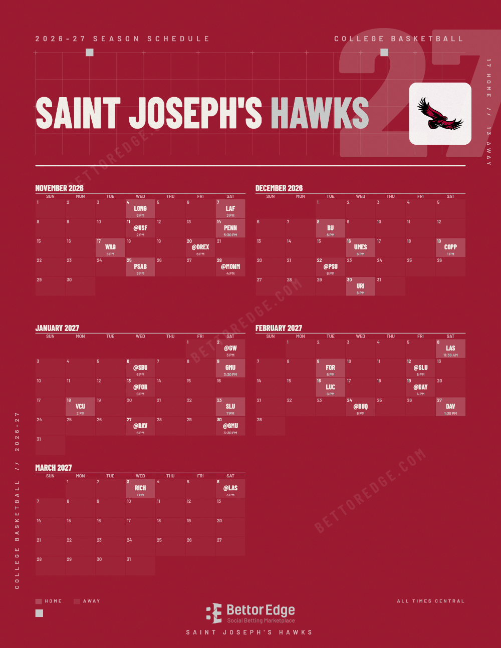 Saint Joseph's Hawks 2026-27 basketball schedule, free printable, every game with start times and TV