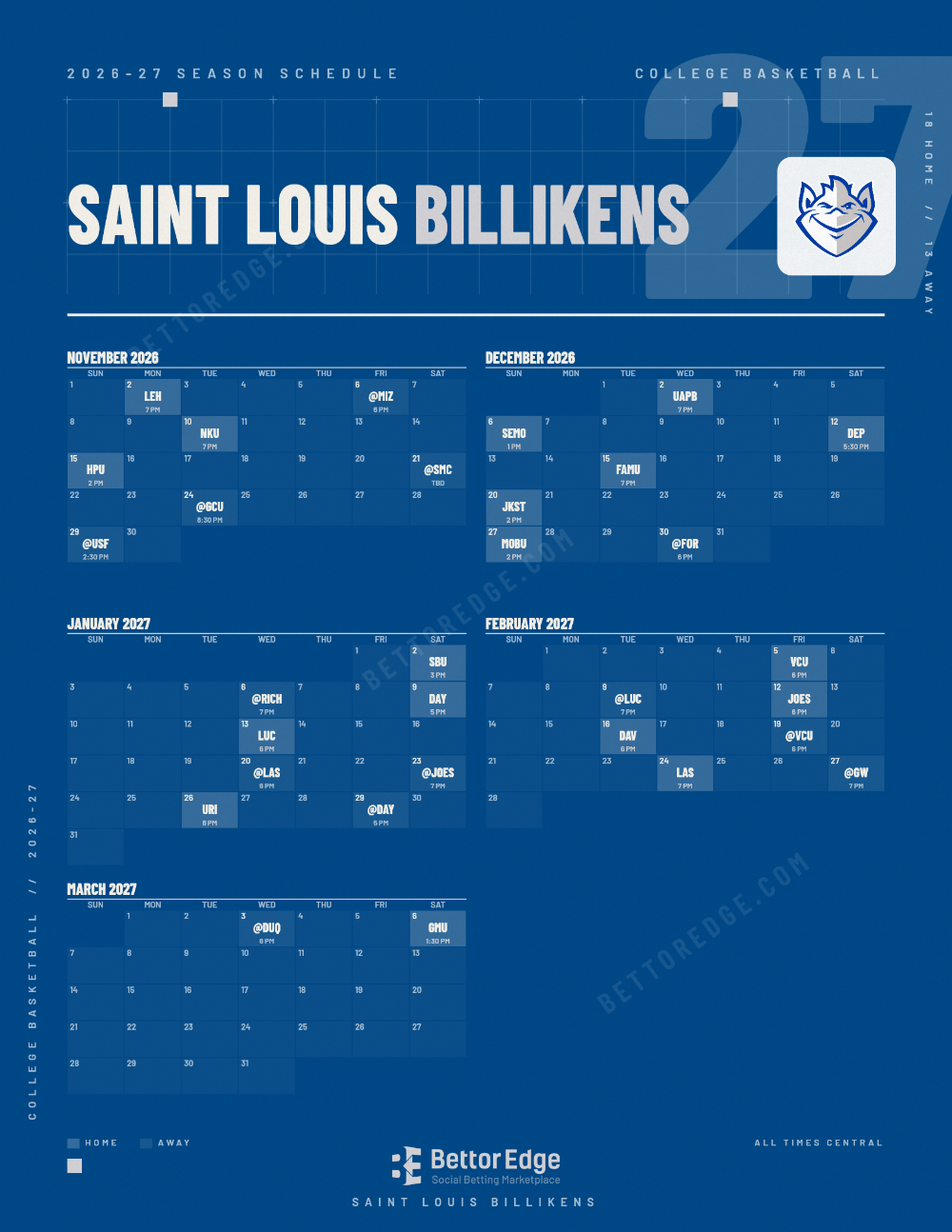 Saint Louis Billikens 2026-27 basketball schedule, free printable, every game with start times and TV