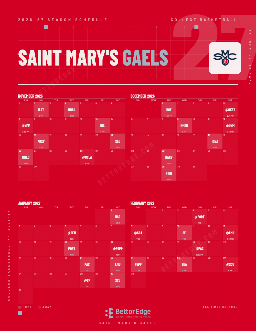 Saint Mary's Gaels 2026-27 basketball schedule, free printable, every game with start times and TV