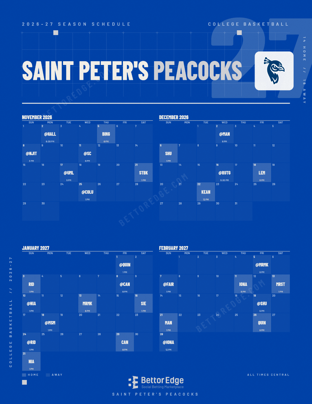 Saint Peter's Peacocks 2026-27 basketball schedule, free printable, every game with start times and TV