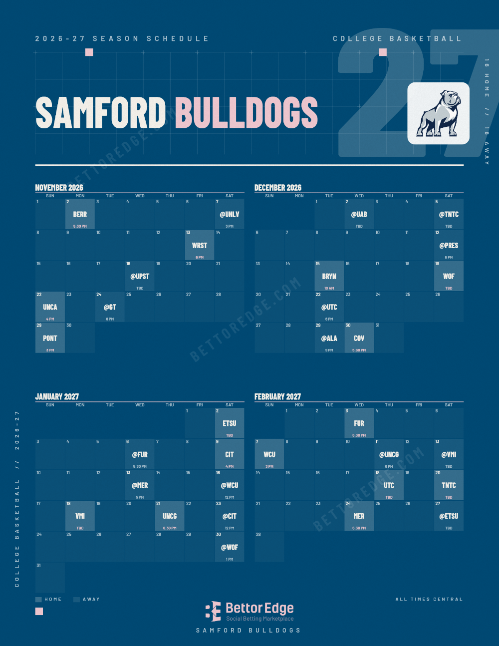 Samford Bulldogs 2026-27 basketball schedule, free printable, every game with start times and TV
