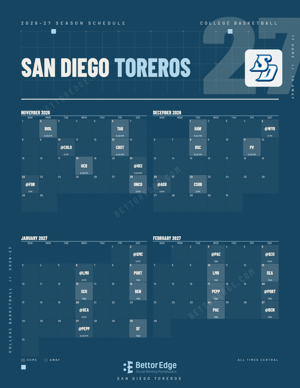 San Diego Toreros 2026-27 basketball schedule, free printable, every game with start times and TV
