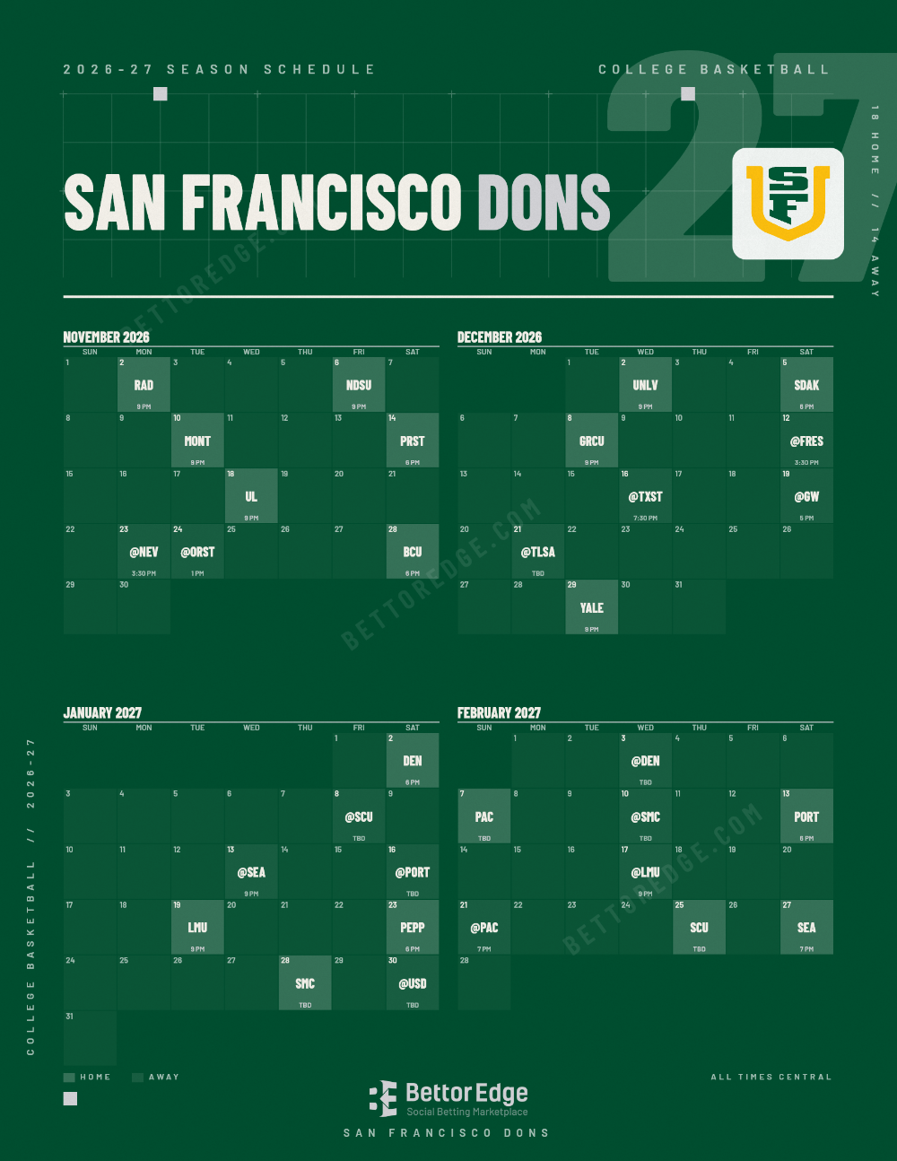 San Francisco Dons 2026-27 basketball schedule, free printable, every game with start times and TV