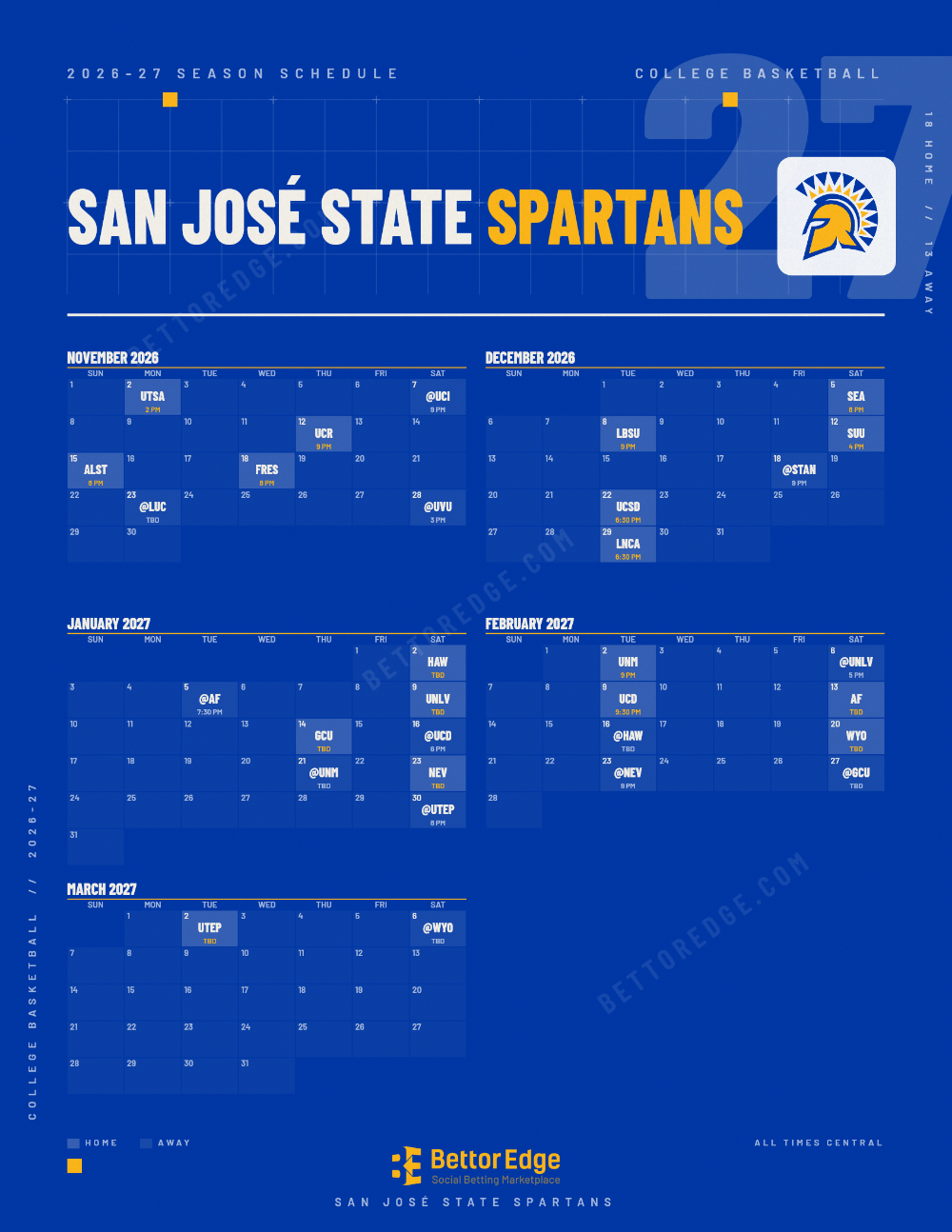 San José State Spartans 2026-27 basketball schedule, free printable, every game with start times and TV