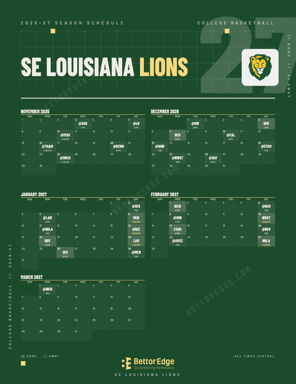 SE Louisiana Lions 2026-27 basketball schedule, free printable, every game with start times and TV