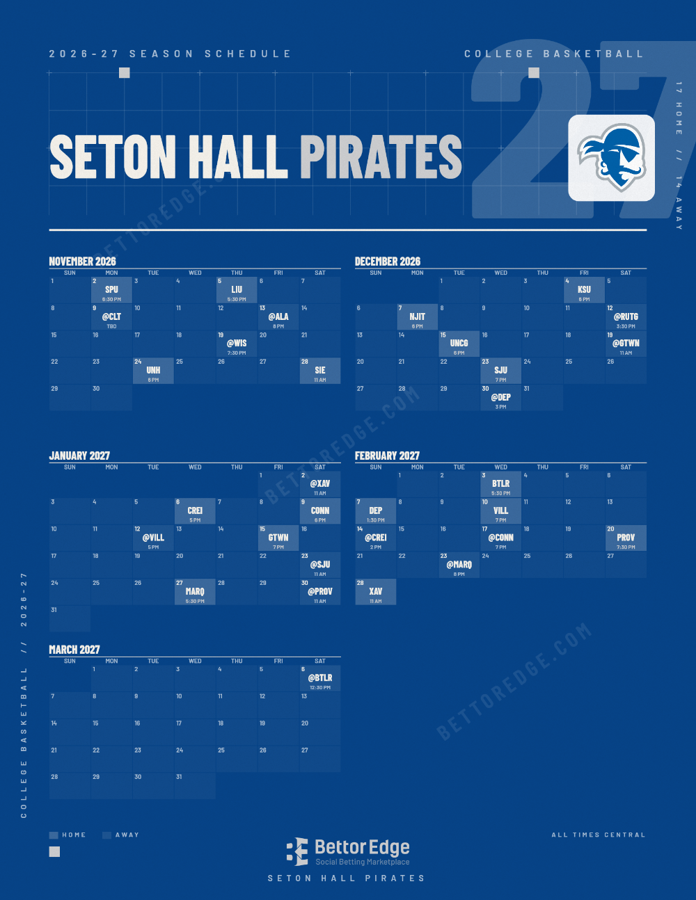Seton Hall Pirates 2026-27 basketball schedule, free printable, every game with start times and TV