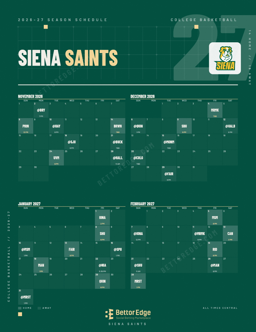 Siena Saints Basketball 2026-27 Schedule: Free Printable PDF & JPG ...