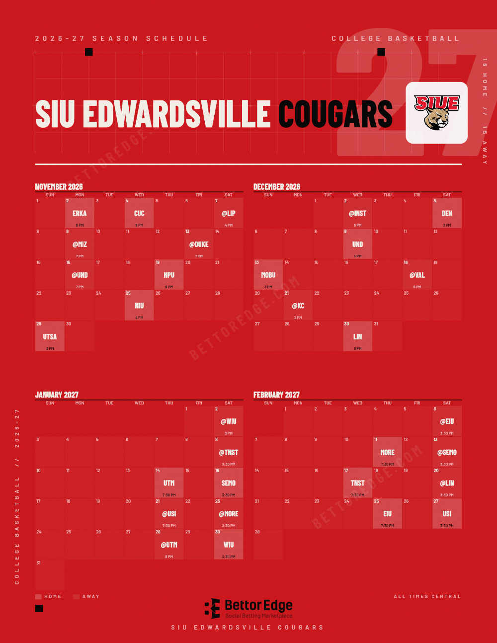 SIU Edwardsville Cougars 2026-27 basketball schedule, free printable, every game with start times and TV