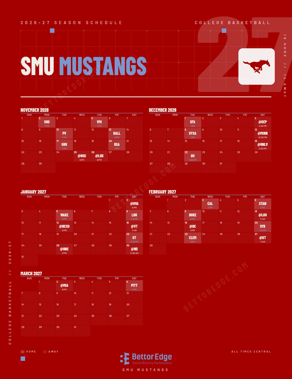 SMU Mustangs 2026-27 basketball schedule, free printable, every game with start times and TV