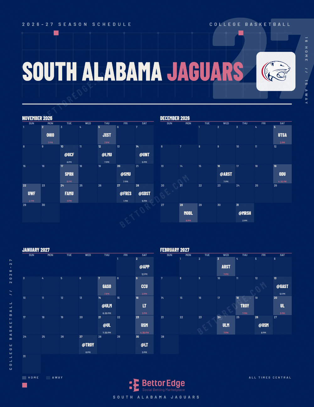 South Alabama Jaguars 2026-27 basketball schedule, free printable, every game with start times and TV