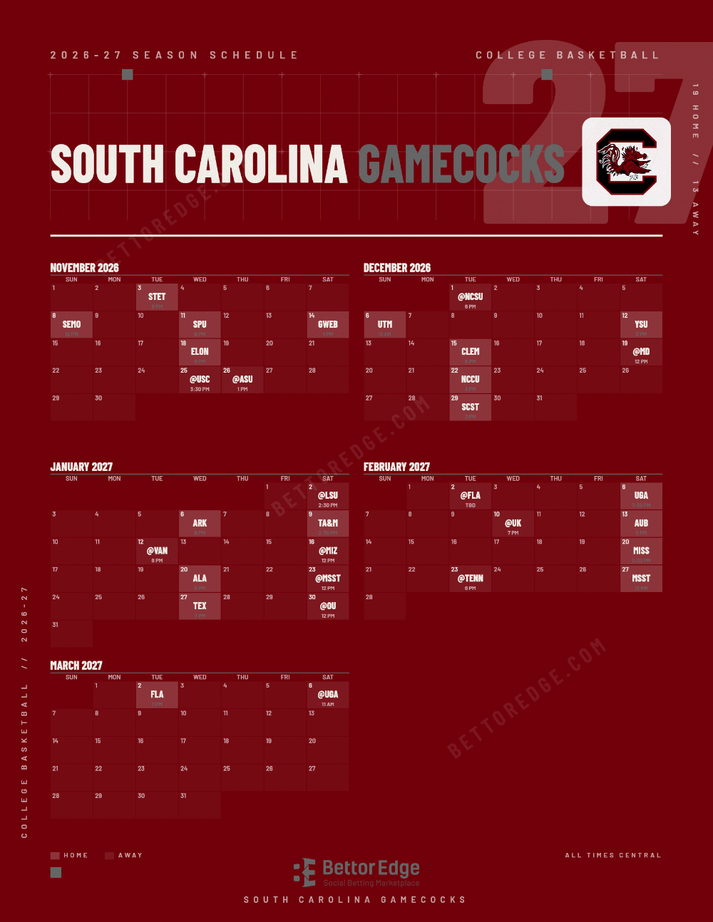 South Carolina Gamecocks 2026-27 basketball schedule, free printable, every game with start times and TV