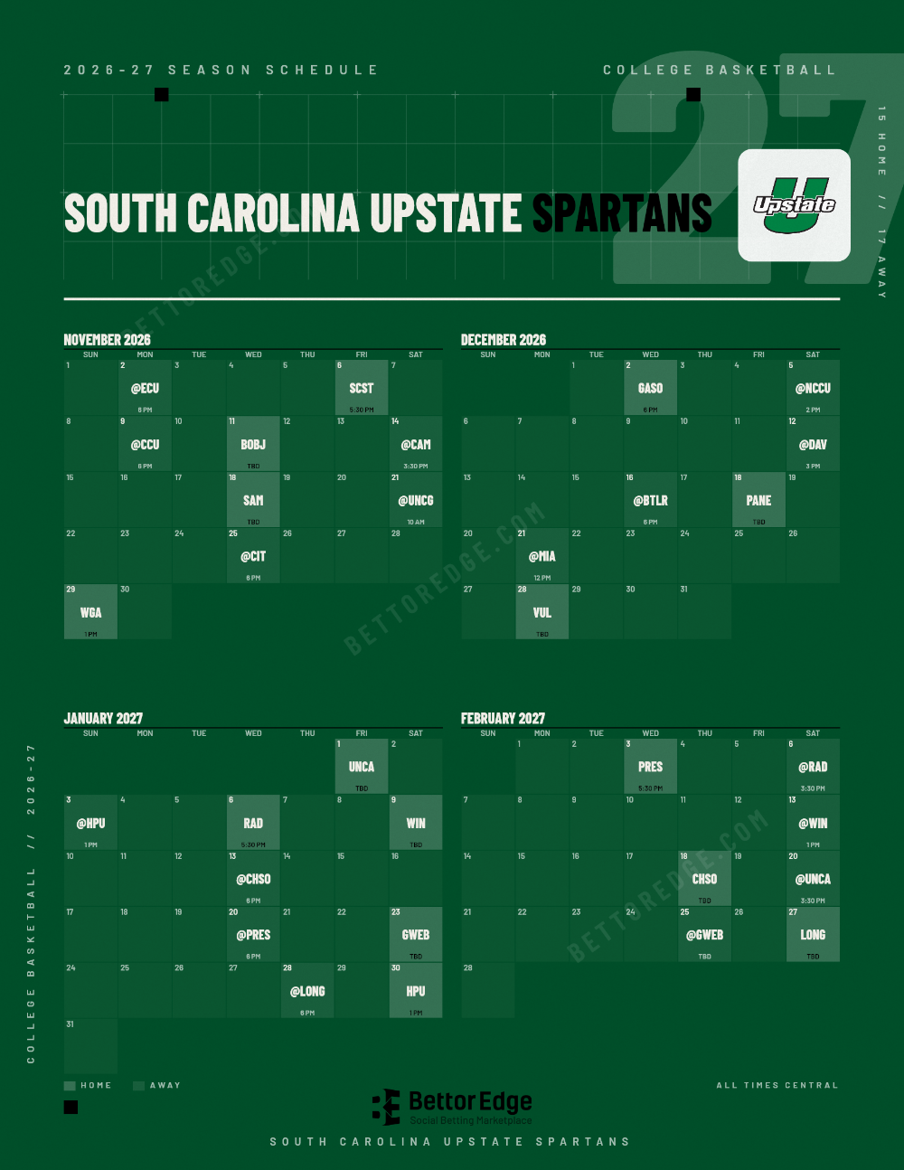 South Carolina Upstate Spartans 2026-27 basketball schedule, free printable, every game with start times and TV