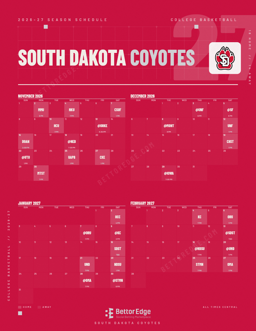 South Dakota Coyotes 2026-27 basketball schedule, free printable, every game with start times and TV