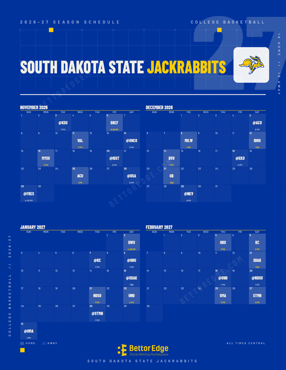 South Dakota State Jackrabbits 2026-27 basketball schedule, free printable, every game with start times and TV