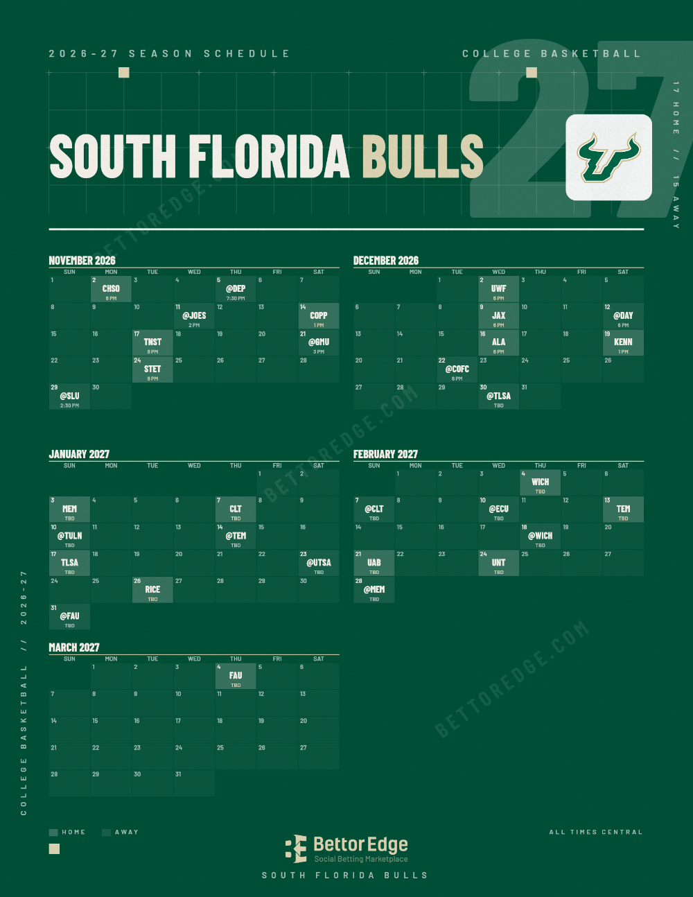 South Florida Bulls 2026-27 basketball schedule, free printable, every game with start times and TV